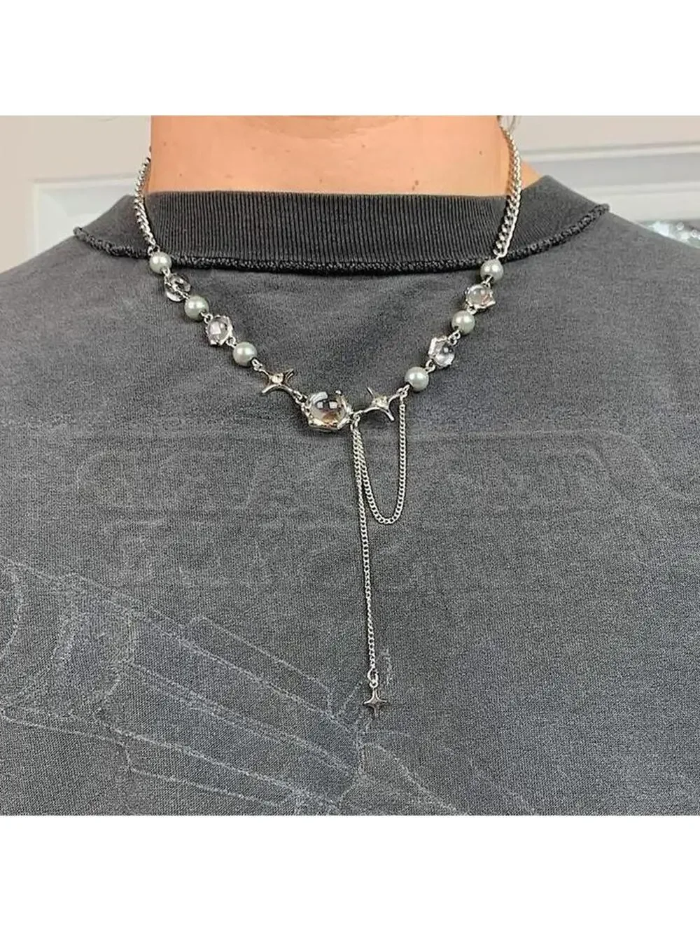 Cyber y2k grunge silver and beaded futuristic glass opal pendant necklace.